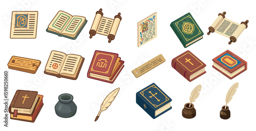Religious texts and symbols icons set – 3d, filled, sacred scrolls and holy books