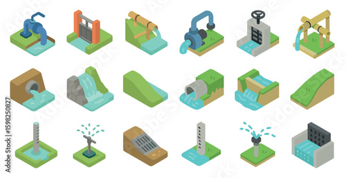 Water management icons set – isometric, infrastructure, hydrology symbols