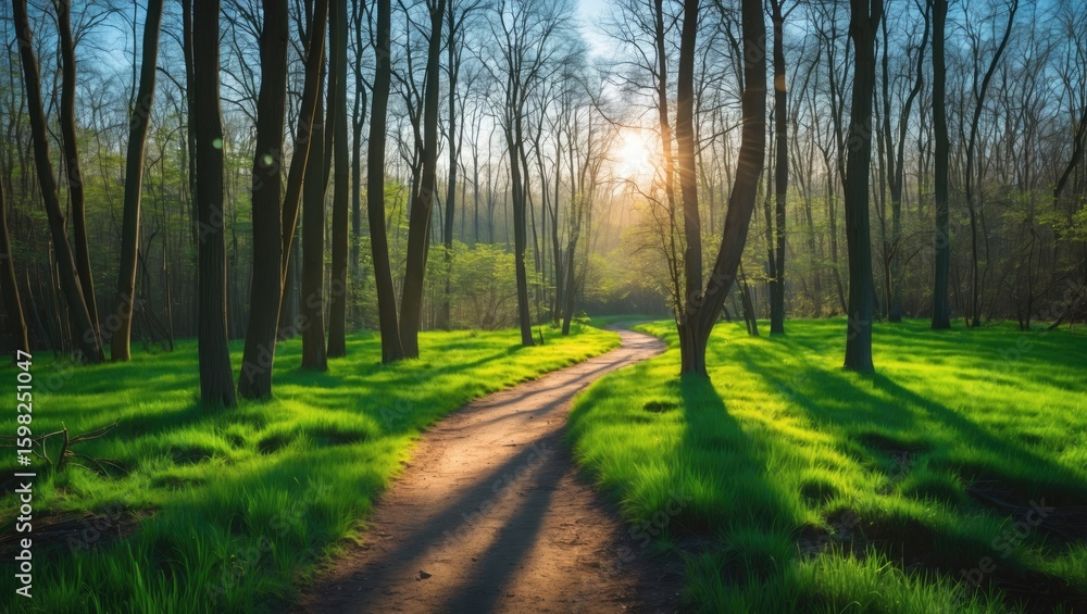 Obraz premium Sunlit forest pathway through trees with lush green grass and the sun shining in the background. Nature and outdoor scene, serene and peaceful environment.