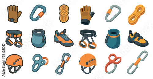 Rock climbing flat icons set – gear, equipment, mountaineering and adventure symbols
