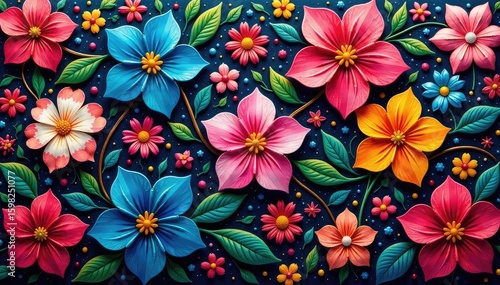 Intricate floral textile design in vibrant hues, nature, retro, flower