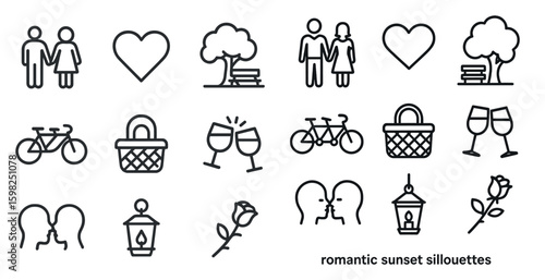 Romantic silhouette icons set – filled, love, couple and sunset elements