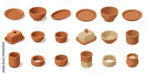 Ceramic kitchenware icons set in isometric style – clay, pottery, cooking elements