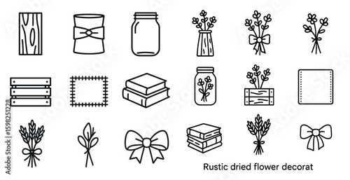 Rustic dried flower outline icons set – natural, vintage, boho decor symbols