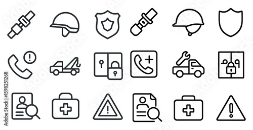 Safety and security line icons set – linear, outline, protection and warning symbols
