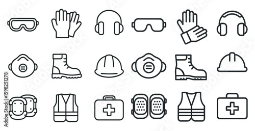 Safety equipment line icons set – outline, protective, gear, workplace symbols