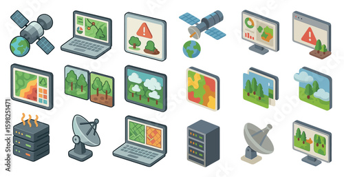 Geography and space isometric icons set – satellite, map, environment visuals
