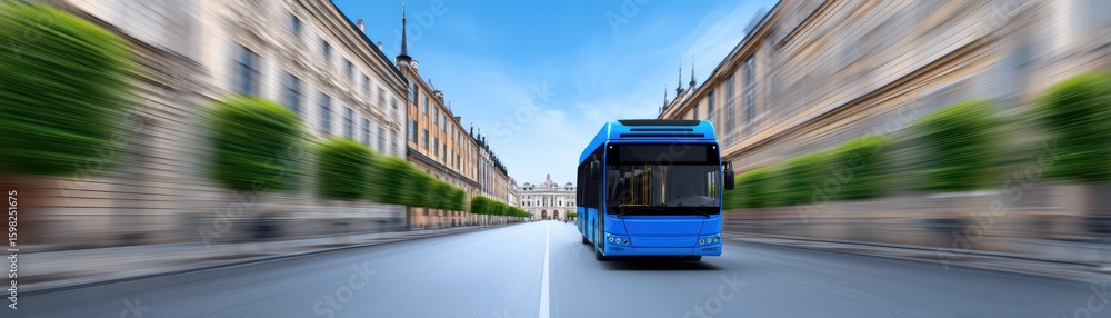 Fototapeta premium Blue Bus Moving Through Urban Street with Green Trees