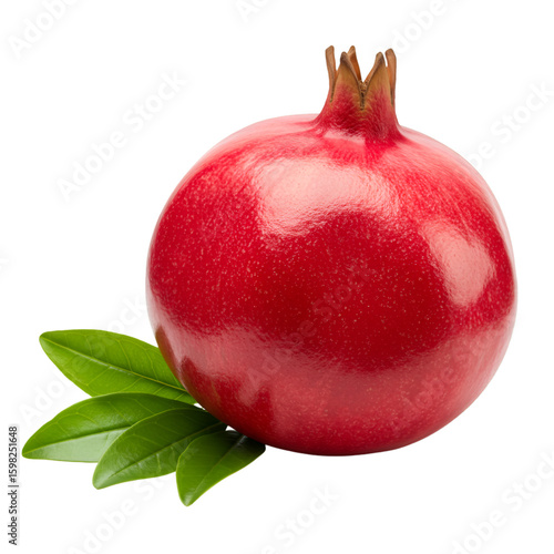 Realistic Photo Isolated Ripe Red Pomegranate with Green Leaves