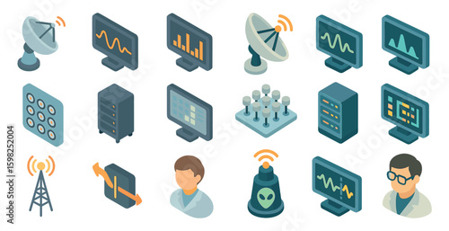 Telecommunications isometric icons set – tech, communication, network visuals