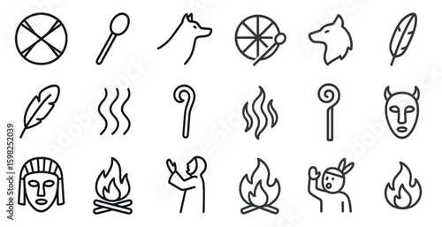 Native american heritage icons set – outline, cultural, indigenous symbols