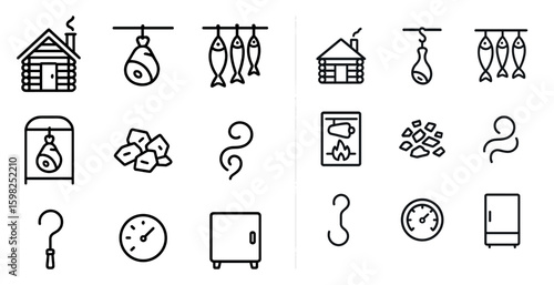 Smoking and grilling outline icons set – linear, barbecue and outdoor cooking symbols