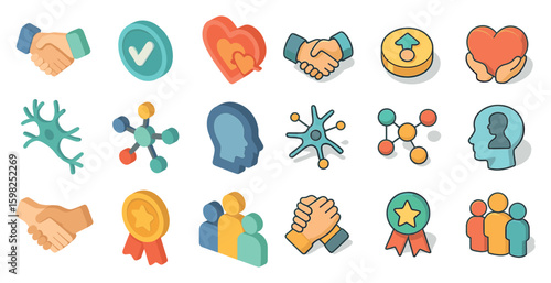 Communication and relationships icons set – isometric style, teamwork and interaction symbols