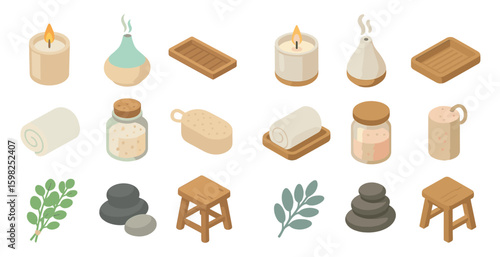 Spa and relaxation isometric icons set – massage, wellness, soothing elements