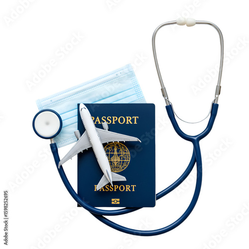 Stethoscope, Passport, Airplane and Mask on Transparent Background