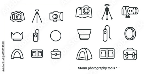 Photography tools line icons set – outline, camera, tripod and lens symbols