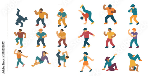 Dance and movement silhouette icons set – flat, filled, fitness and exercise symbols