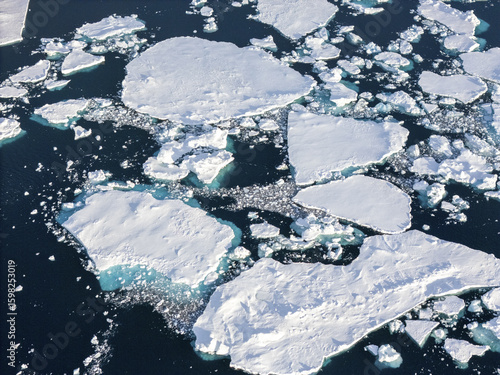 Aerial view of scattered ice floes juxtapose the dark, frigid waters surrounding Seymour Island, creating a stark, beautiful contrast, Seymour Island, Antarctica.