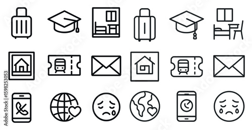 Travel and education outline icons set – linear, symbols, journey and learning tools