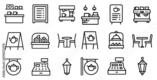 Coffee shop icons set – outline, linear, cafe and beverage symbols