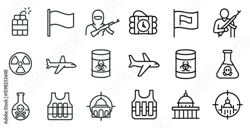 Military and warfare outline icons set – line, silhouette, battle and defense symbols