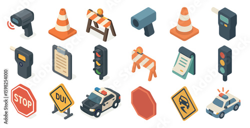 Traffic and safety icons set – isometric, road, transport and warning symbols