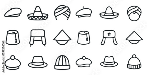 Hats and headwear outline icons set – linear, silhouette, fashion accessory symbols