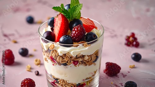 A glass with yogurt, granola or muesli with blackberries, strawberries, raspberries and mint on a pink table	