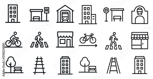 City transport line icons set – urban, outline, commuting and public transit symbols