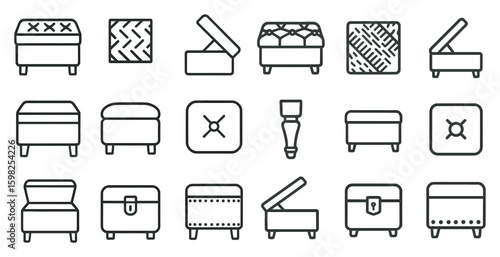 Furniture and upholstery icons set – outline, linear, home decor and cushion symbols