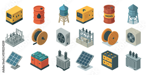 Energy and utility icons set – isometric, power, infrastructure symbols
