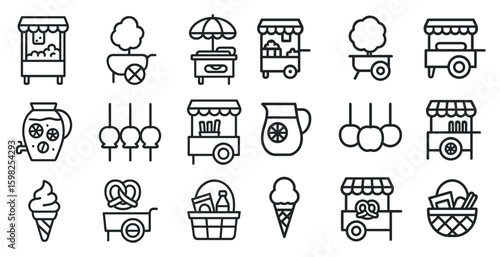 Food cart linear icons set – outline, vending, kiosk symbols for street vendors
