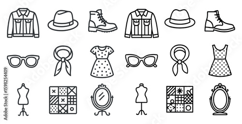Fashion and apparel outline icons set – linear, clothing, accessory symbols