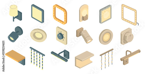 Home lighting isometric icons set – modern, 3d, interior decor symbols