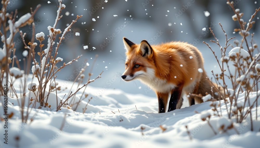 Fototapeta premium a red fox standing in snow covered terrain, with snowflakes visible in the air, suggesting that it's winter