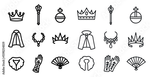 Royalty and coronation outline icons set – linear, regal, majestic symbols