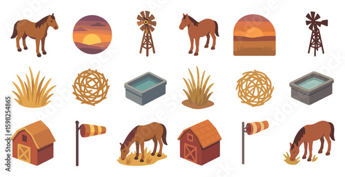 Farm life isometric icons set – pixel art, rural, countryside symbols