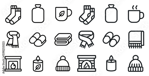 Winter comfort outline icons set – cozy, seasonal, warm essentials collection