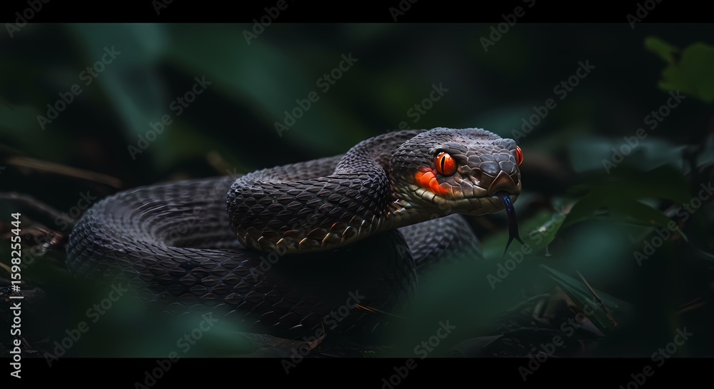 Fototapeta premium A menacing black viper with fiery red eyes lies coiled in the shadows of the dense jungle, a fearsome reptile predator in the wild.