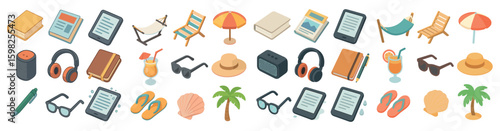 Vacation essentials isometric icons set – flat, travel, holiday symbols