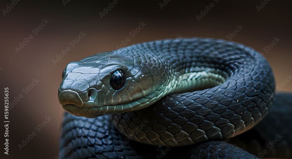 Fototapeta premium Intense close-up portrait of a powerful black mamba snake, showcasing its sleek dark scales and sharp eyes, a formidable and venomous reptile in its natural environment.