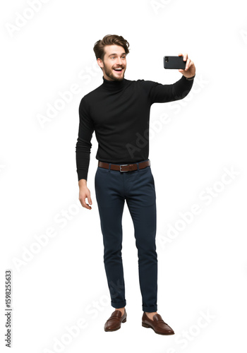 Photo of Young Man in Turtleneck Taking Selfie on Transparent Background