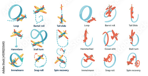 Aerobatic maneuvers 3d icons set – flight, aviation stunts, and aerial displays