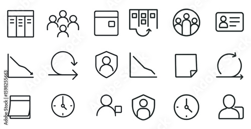 Project management outline icons set – linear, workflow, task symbols for planning