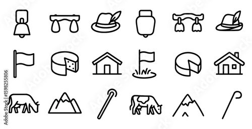 Rural life and farming icons set – line, outline, pastoral and countryside symbols
