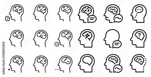 Mental health line icons set – outline, brain, therapy and wellness symbols