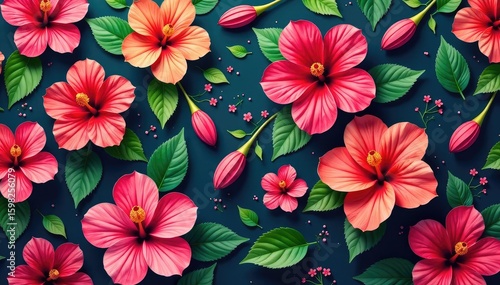 Bold, vibrant hibiscus blooms in a dynamic, tropical repeat , flowers, floral repeat, texture