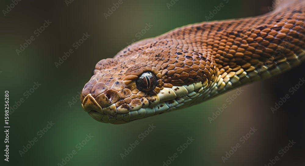 Obraz premium Close-up of a brown snake with intricate scales, a captivating gaze, and natural textures, in its habitat.
