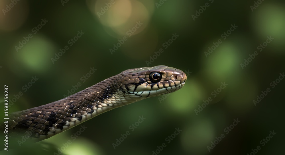 Close-up profile of a snake's head, with its scales visible and dark eyes looking intently forward, set against a blurred green natural background. Close-up profile of a snake's head, with its scales visible and dark eyes looking intently forward, set against a blurred green natural background.