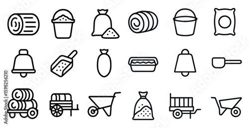 Agriculture and farming icons set – outline, linear, harvest and equipment symbols